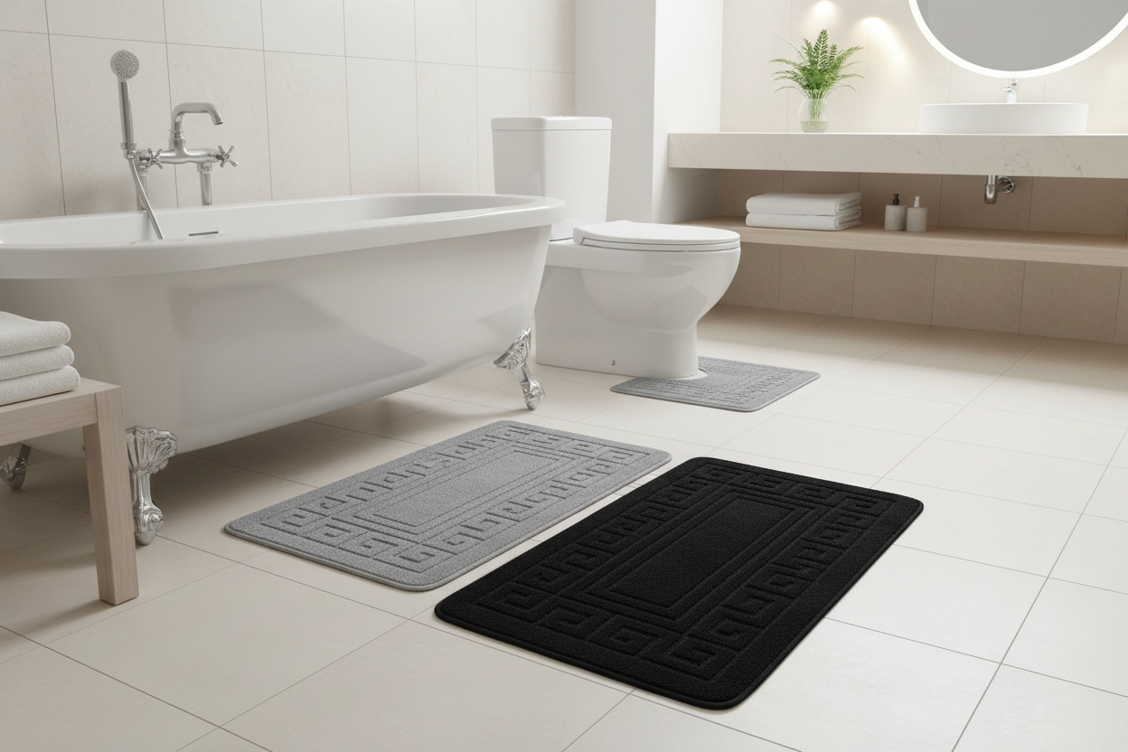 Black and grey bath mat set